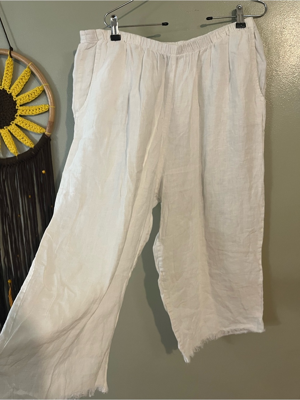 Flax Relaxed White Linen Wide-Leg Pants Lagenlook With Pockets L